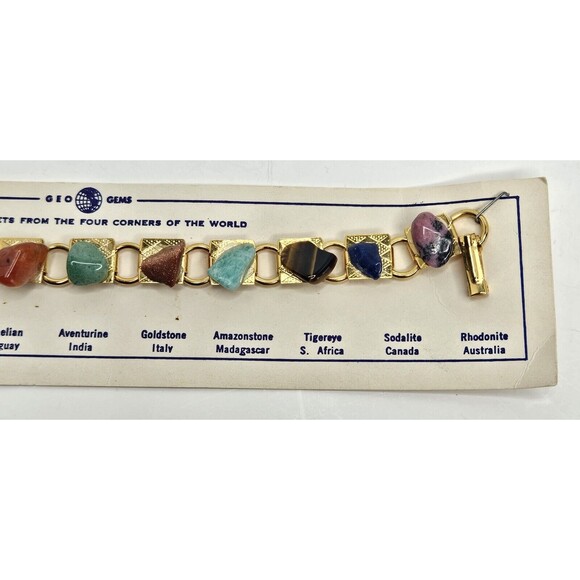 Vtg 70s Geo Gems Polished Gemstone Nugget Link Bracelet Gold Tone 6.5" - Picture 3 of 3